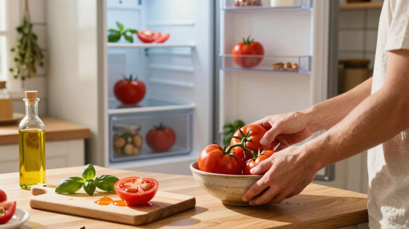 Pessoa segurando tigela com tomates na cozinha com tomates, azeite e manjericão na bancada diante da geladeira aberta.