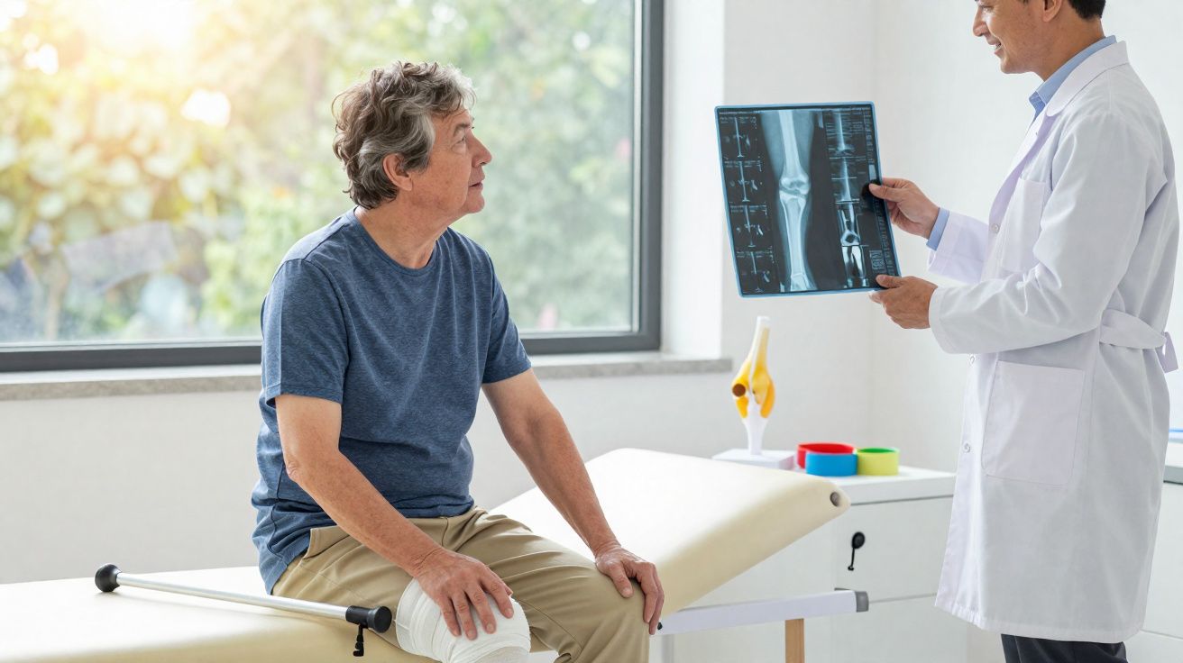 Homem com joelho enfaixado consulta ortopedista que analisa radiografia em clínica iluminada.
