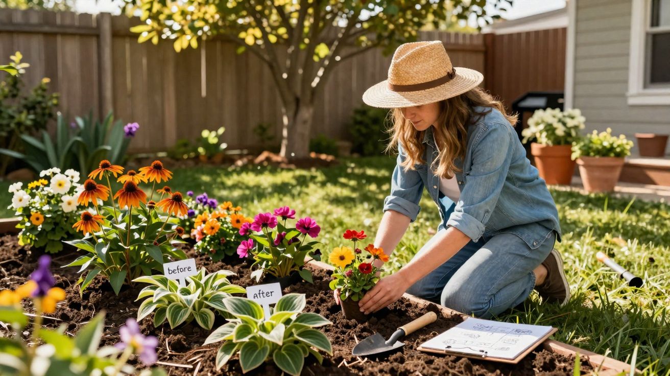 Mulher de chapéu plantando flores coloridas em jardim com placas de antes e depois.