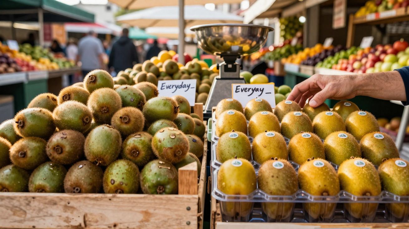 Feira de frutas com kiwis frescos exibidos em caixas e uma mão escolhendo um kiwi dourado.