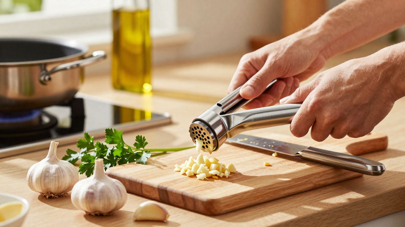 Mãos espremendo alho fresco em prensa sobre tábua de madeira na cozinha iluminada.