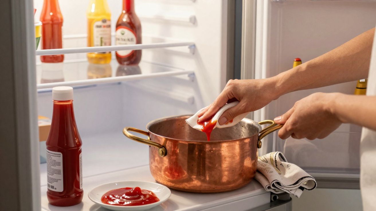 Pessoa limpando panela de cobre com papel toalha dentro da geladeira aberta, ao lado garrafa de ketchup e prato.
