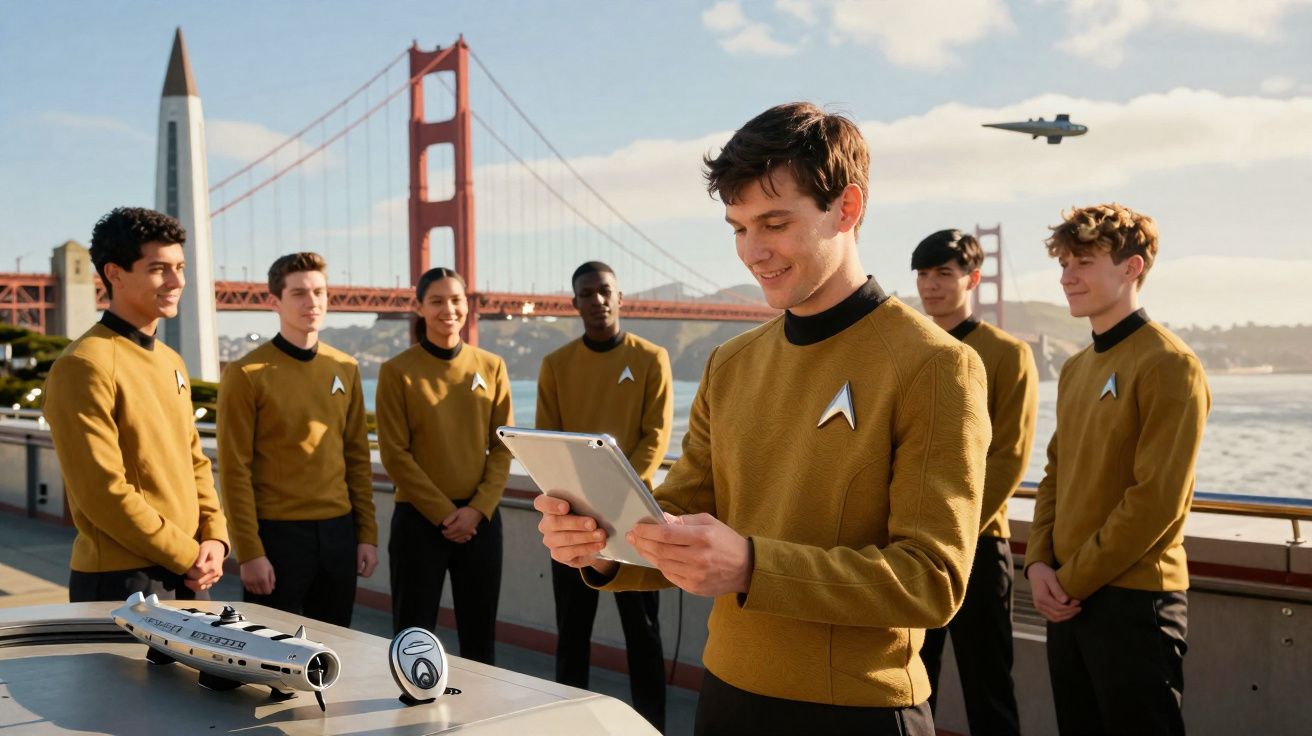 Grupo de jovens uniformizados em amarelo perto da ponte Golden Gate com nave futurista ao fundo.
