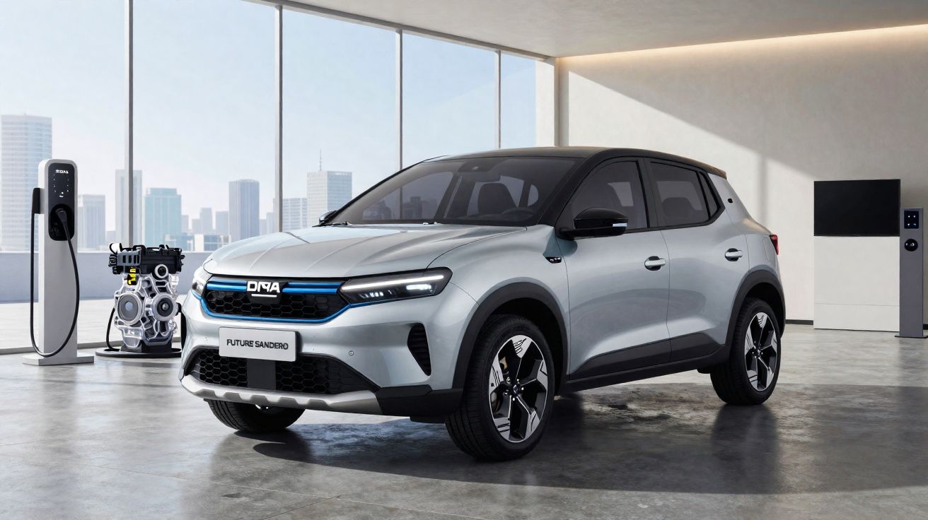 Carro elétrico compacto cinza estacionado em showroom moderno com carregador e motor exposto ao fundo.