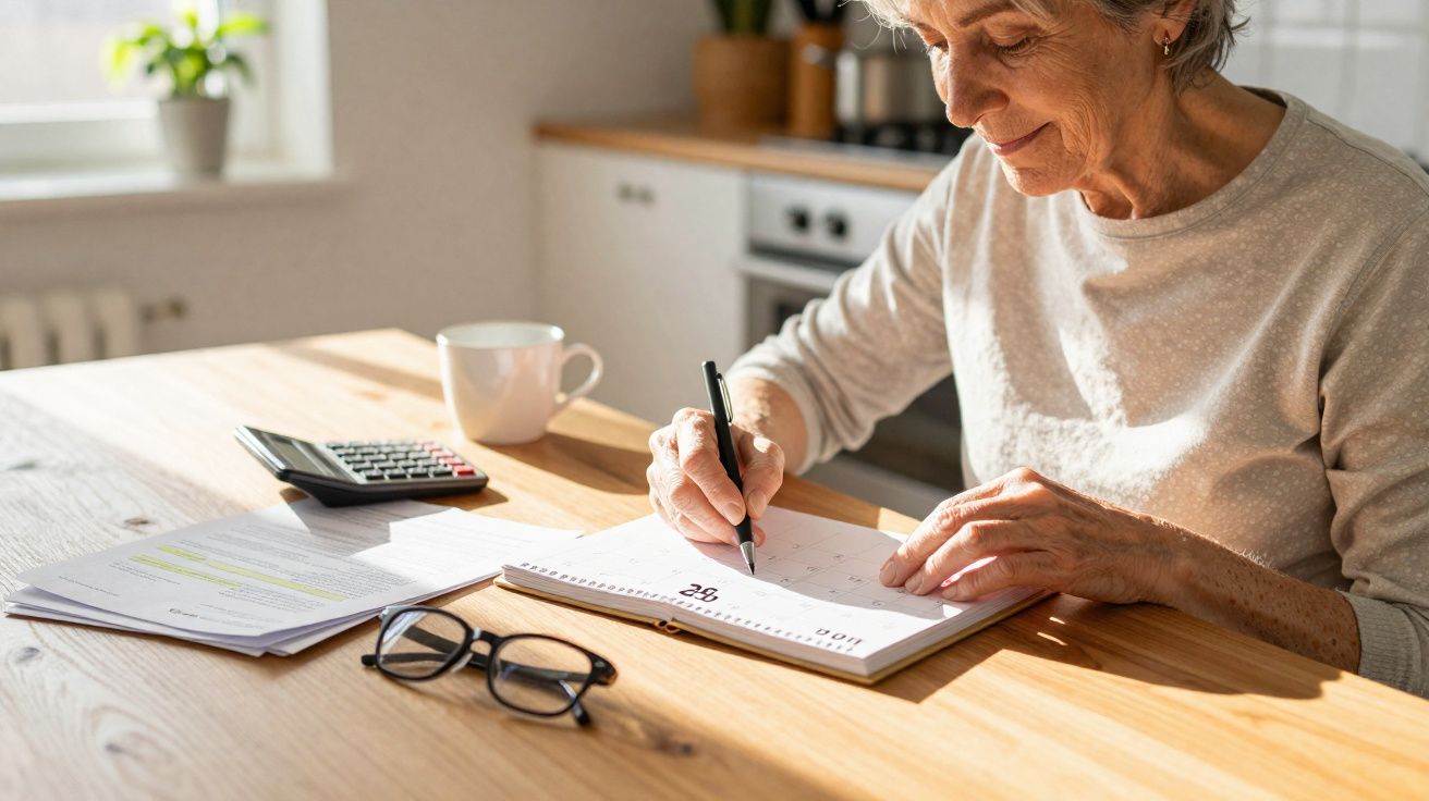 Mulher idosa sentado à mesa, escrevendo em agenda com óculos, calculadora e documentos ao lado.