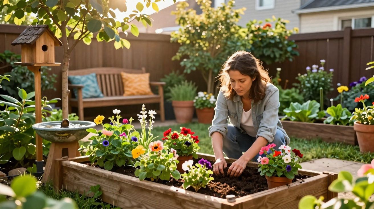 Mulher cuidando de flores em canteiro de madeira em jardim ensolarado com banco e cercas ao fundo.