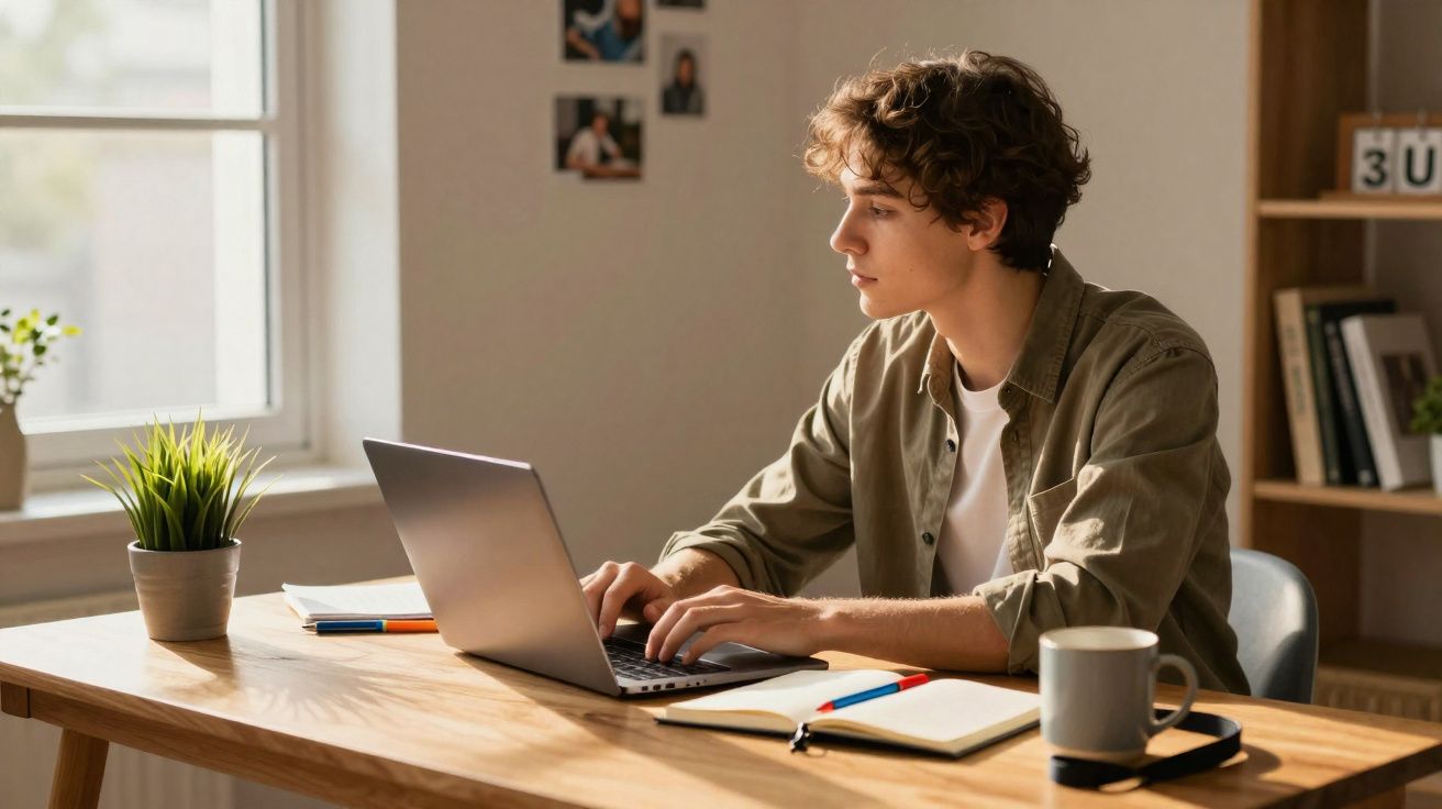 Jovem sentado à mesa usando laptop, com caderno, canetas e caneca próximo, em ambiente iluminado.