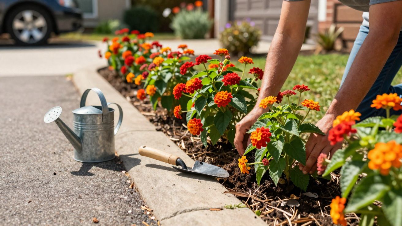 Pessoa cuidando de flores laranja e vermelhas em jardim com regador e pá ao lado em área urbana.
