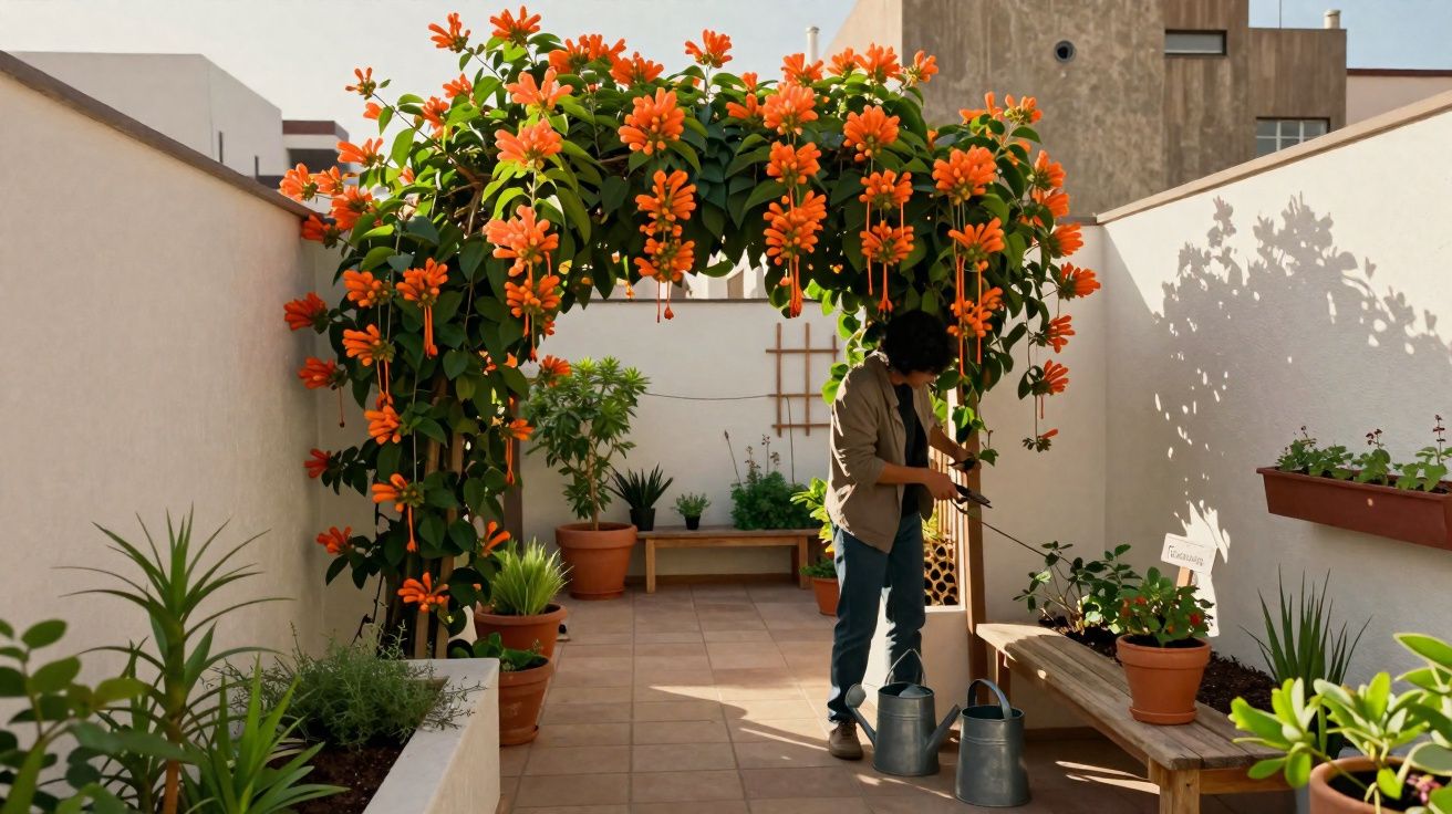 Pessoa regando plantas em jardim com arco florido de flores laranja em área externa com parede branca.