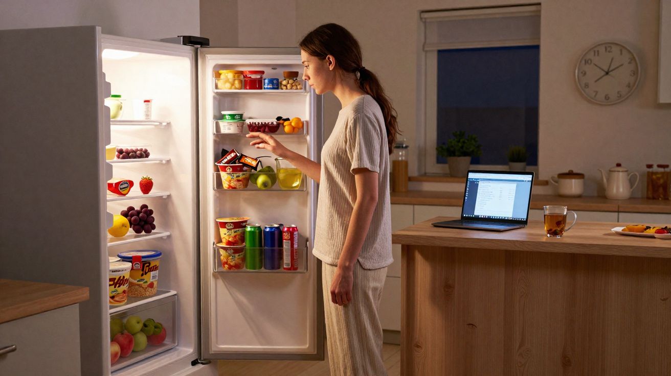 Mulher de pijama olhando dentro da geladeira aberta em cozinha durante a noite, com laptop aberto na bancada.
