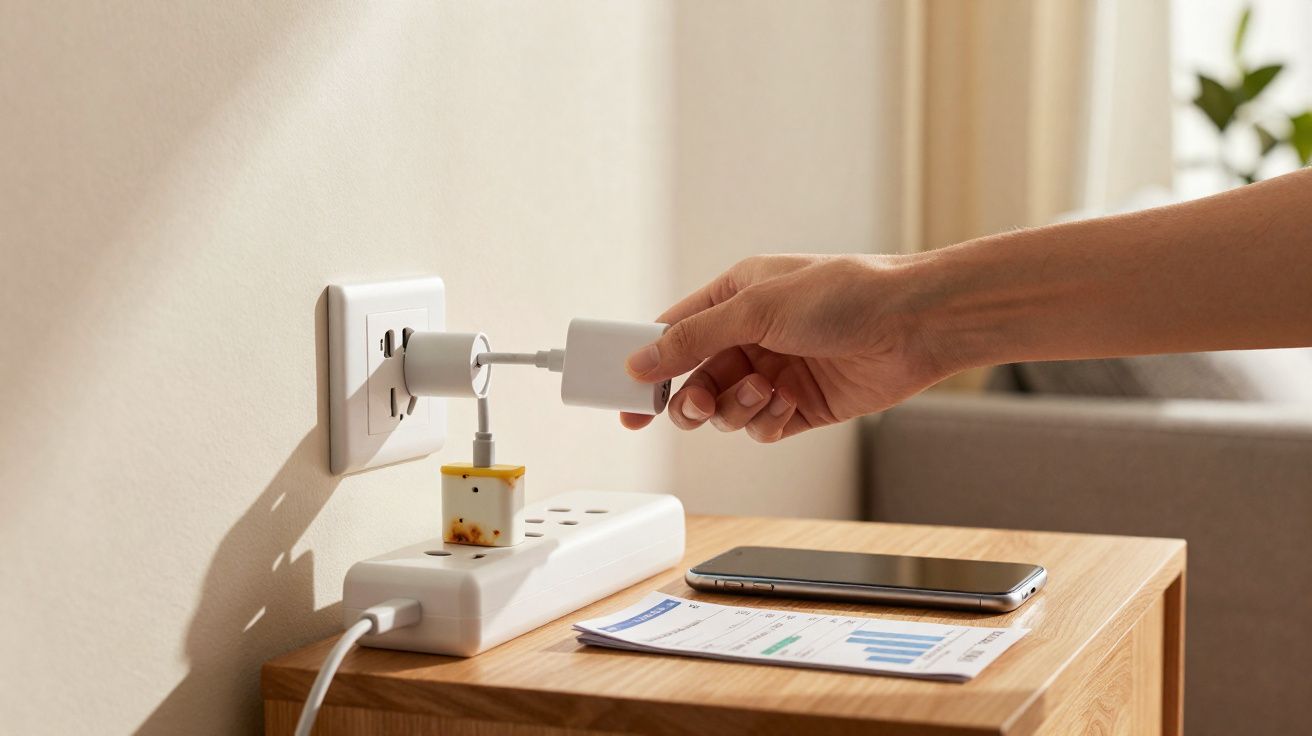 Mão conectando carregador em tomada, perto de celular e gráficos sobre mesa de madeira.
