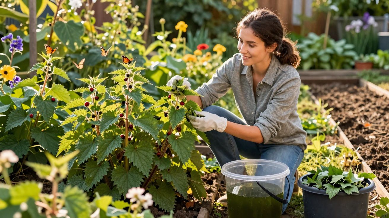 Mulher cuidando de plantas em jardim florida, com luvas e regador ao lado, em dia ensolarado.