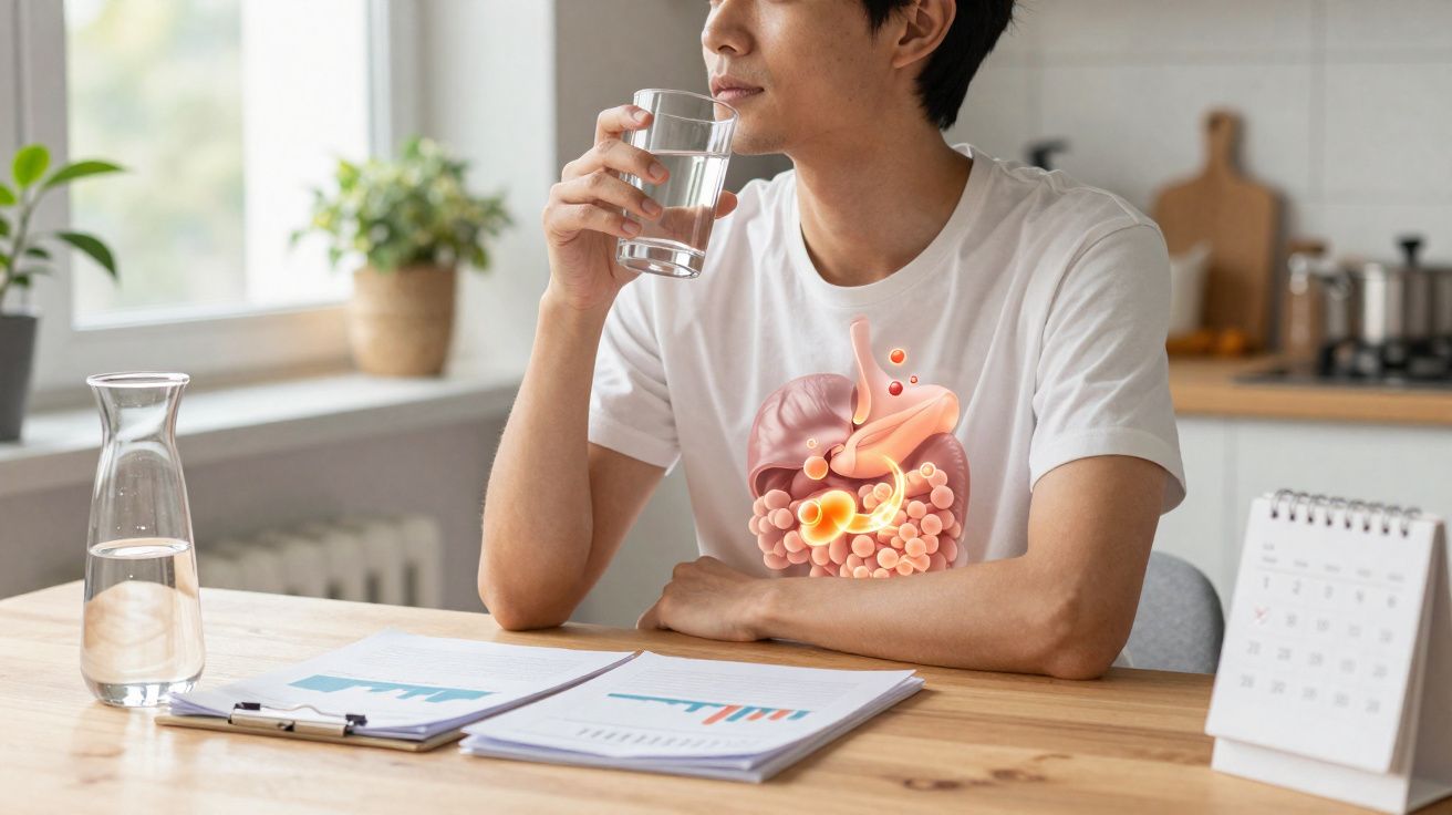 Homem bebendo água com ilustração do sistema digestivo sobreposta ao peito, sentado em mesa de escritório.