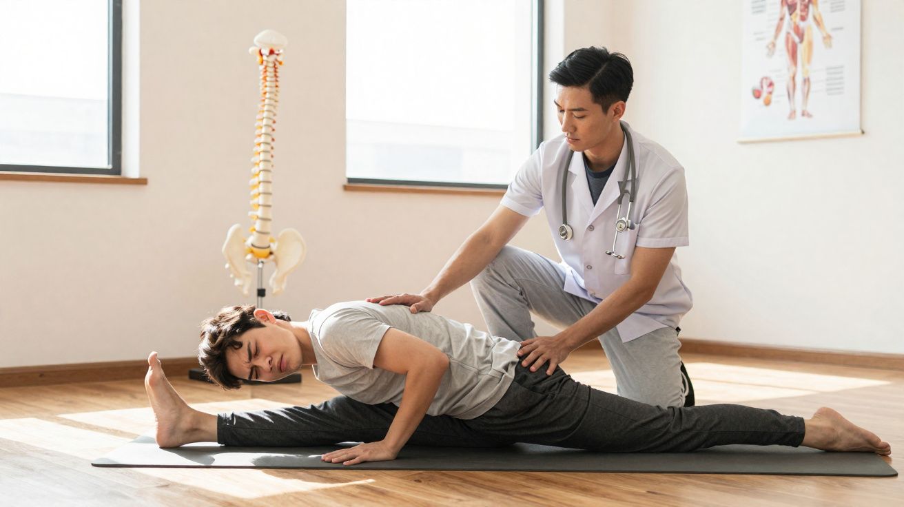 Fisioterapeuta ajuda paciente a alongar a perna enquanto está sentado no chão em clínica.