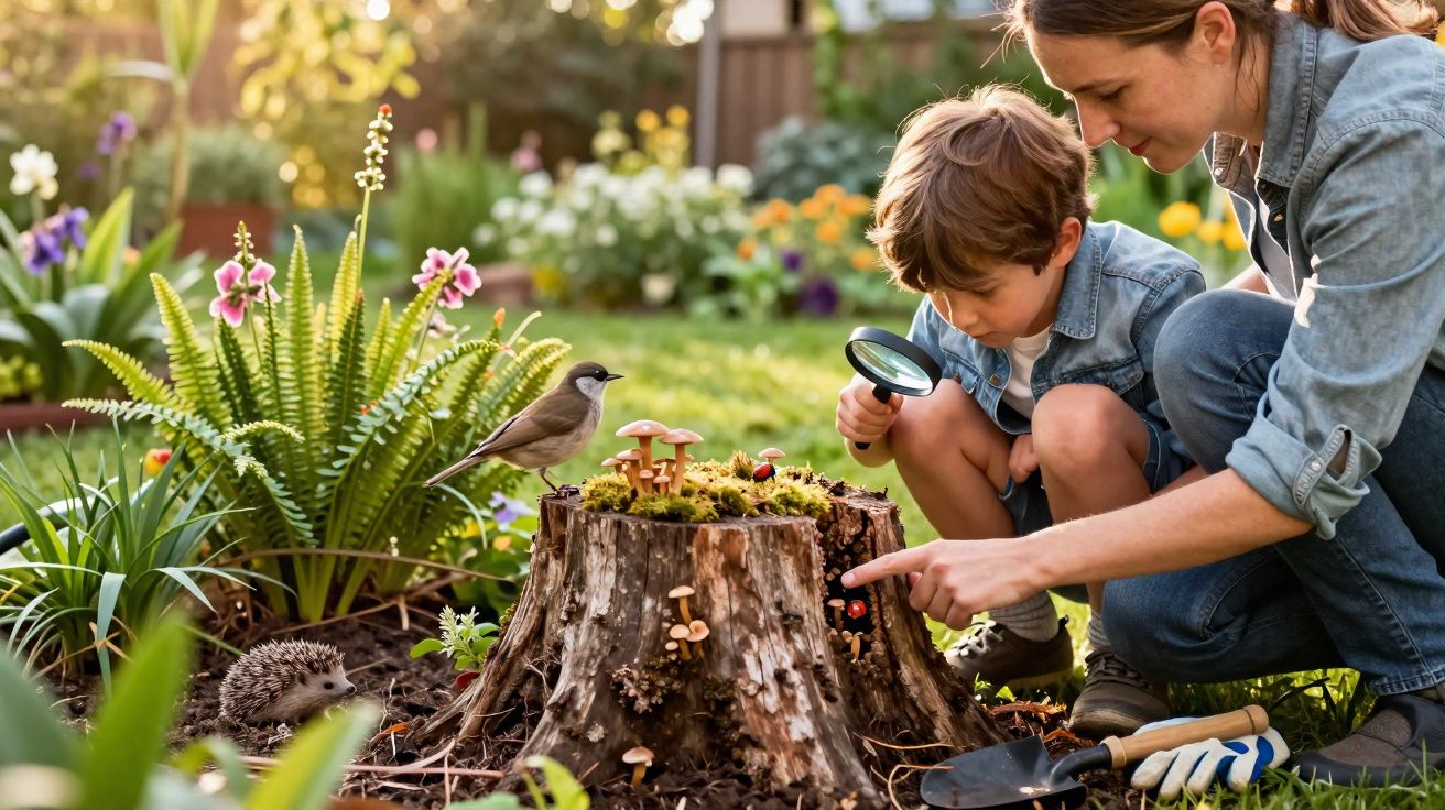 Mulher e criança observam a natureza com lupa perto de toco de árvore em jardim florido.