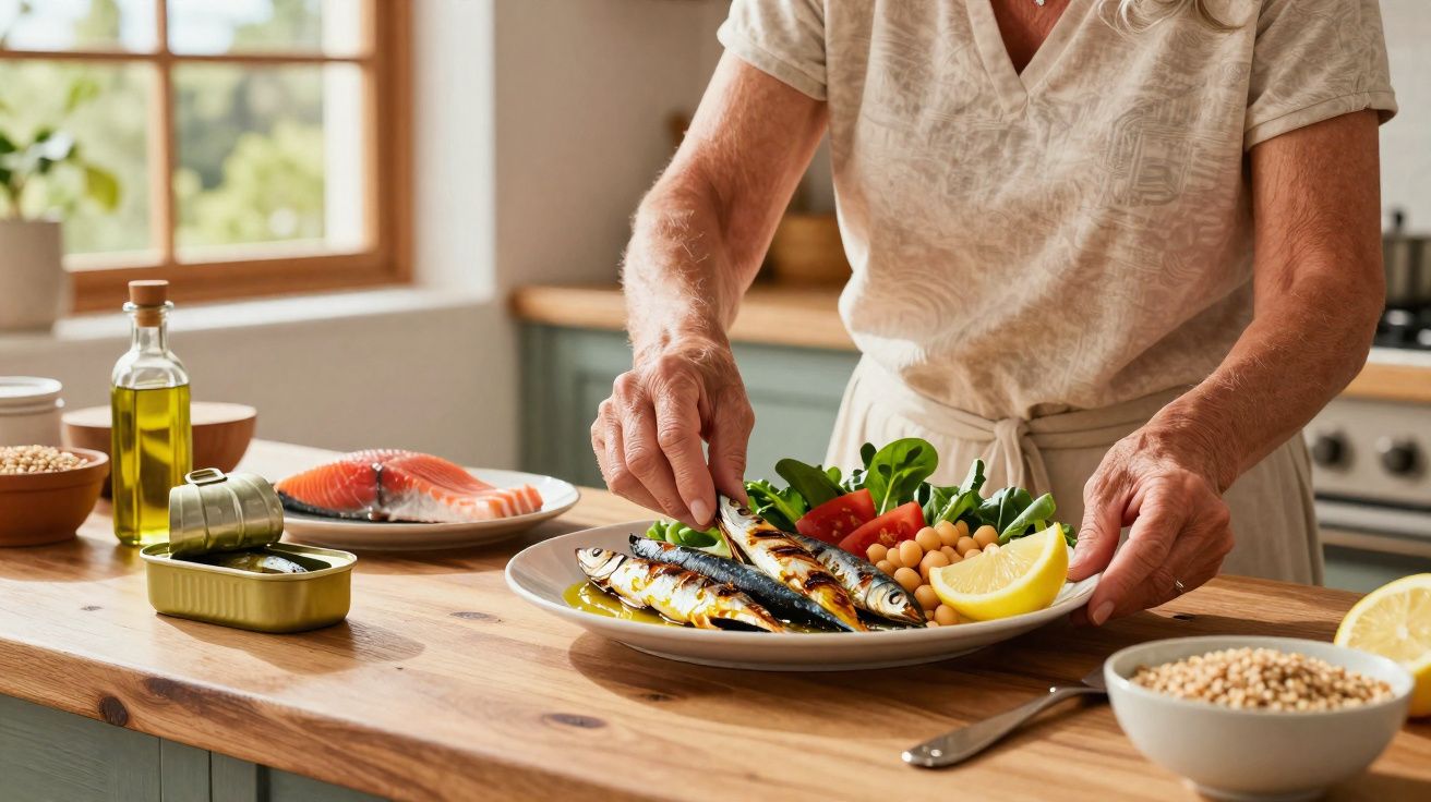 Pessoa preparando prato com sardinha grelhada, salada, grão-de-bico e limão em cozinha iluminada.