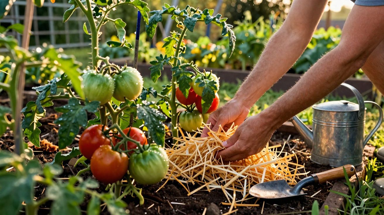 Pessoa aplicando cobertura vegetal em pé de tomate em horta com regador e enxada ao lado.
