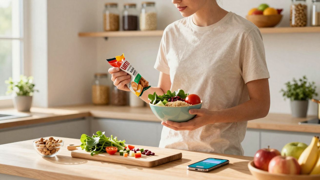 Pessoa preparando salada saudável com vegetais e barra de proteína em cozinha moderna iluminada.