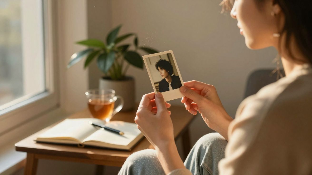 Pessoa segurando uma foto polaroid, sentada próxima a uma janela, com xícara de chá e caderno na mesa.