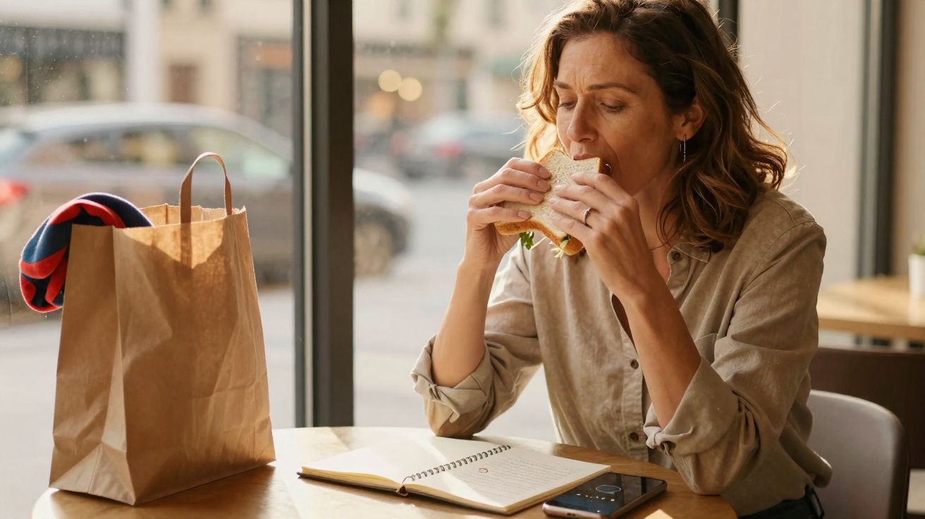 Mulher sentada à mesa com sanduíche, caderno, celular e embalagem de papel ao lado, perto da janela.