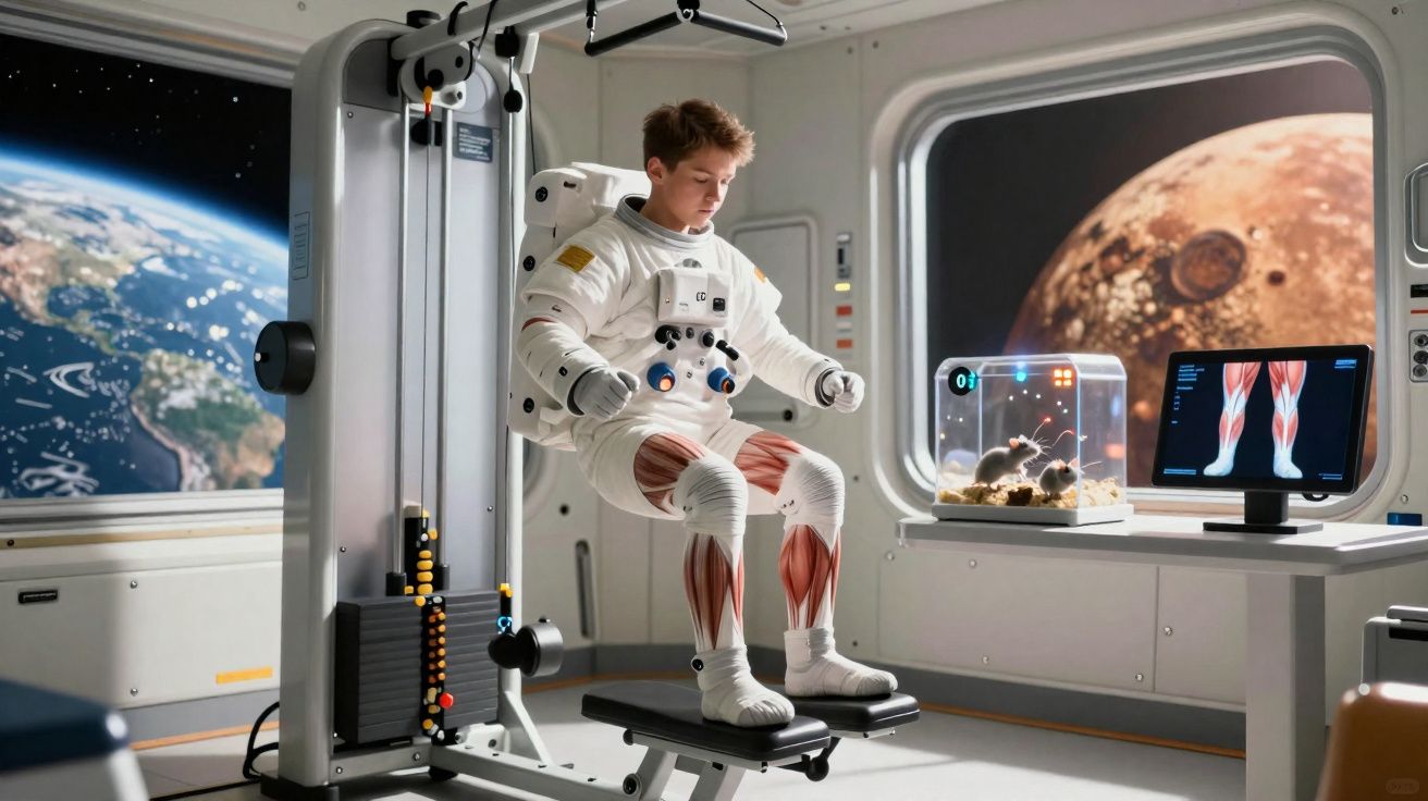 Astronauta jovem em traje espacial fazendo exercício em equipamento, com visão da Terra e Marte pela janela da nave.