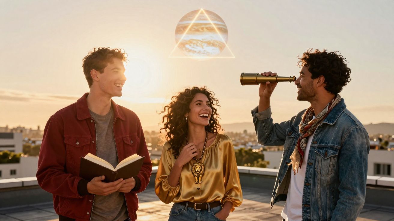 Três jovens sorrindo no terraço ao pôr do sol, com imagens espaciais sobrepostas no céu.