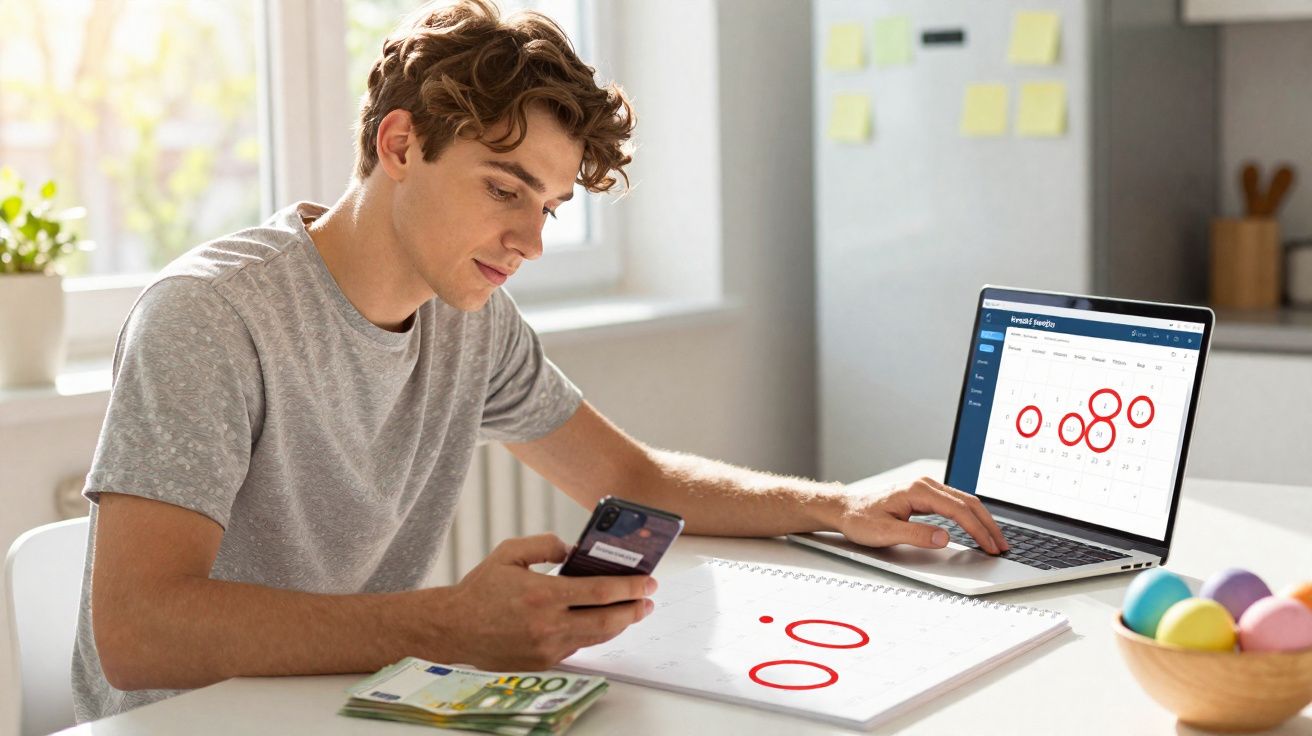 Jovem sentado à mesa, usando telefone e laptop para conferir calendário com datas marcadas em círculos vermelhos.