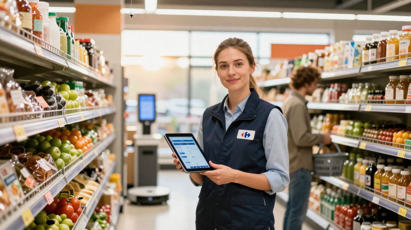 Funcionária de supermercado com tablet entre prateleiras de frutas e sucos, cliente ao fundo escolhendo produtos.