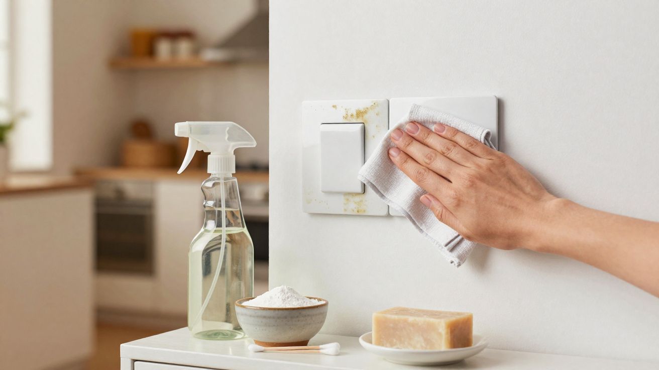 Mão limpando interruptor sujo na parede com pano branco, spray, sabão e bicarbonato à frente.