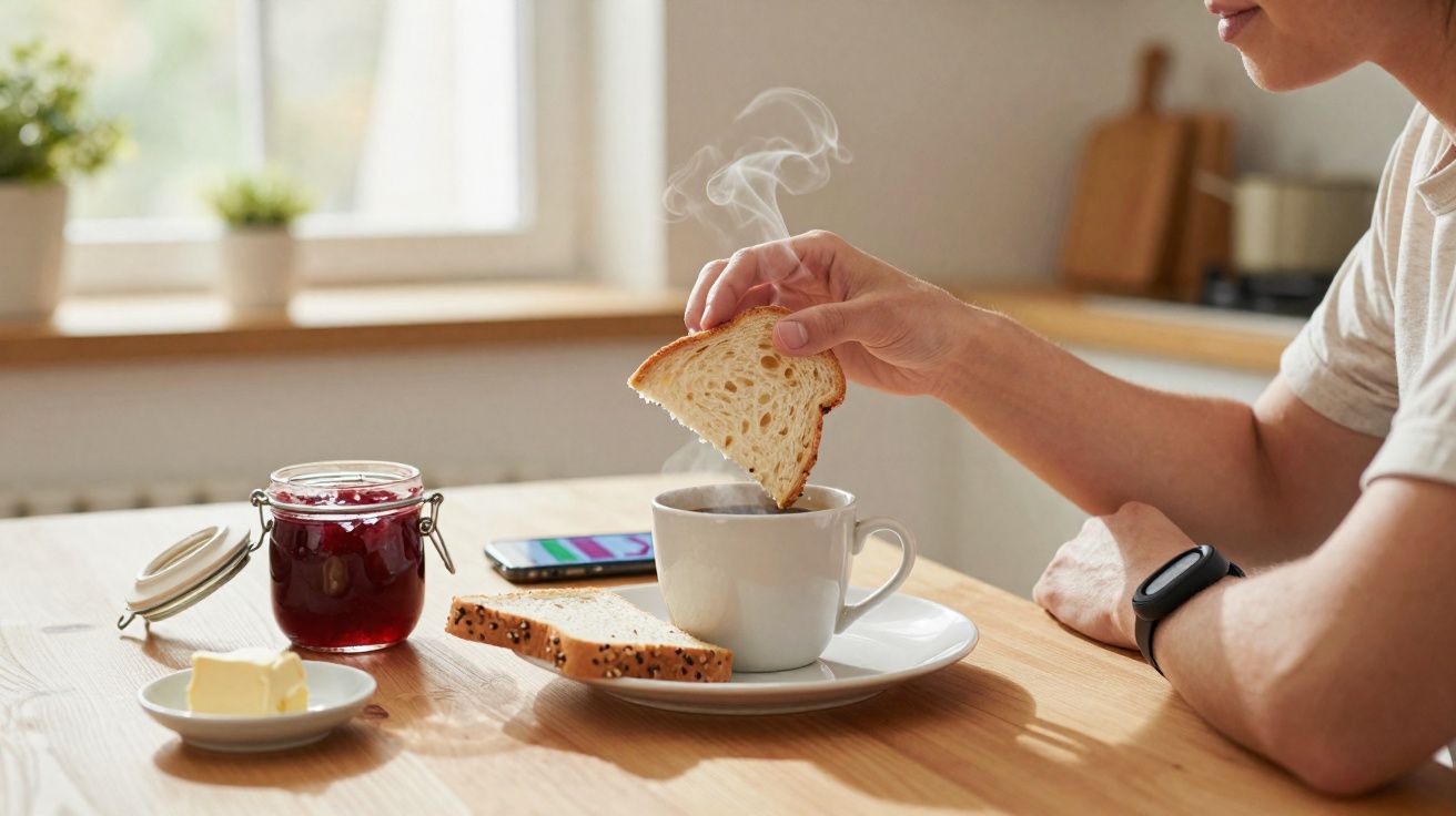 Pessoa segurando fatia de pão sobre xícara de bebida quente, ao lado de geleia, manteiga e pão na mesa.