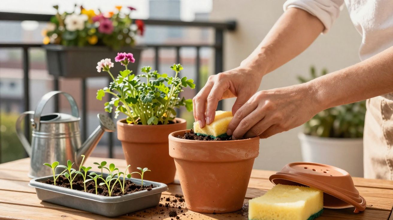 Pessoa limpando vaso de planta com esponja em varanda com flores e regador ao fundo.