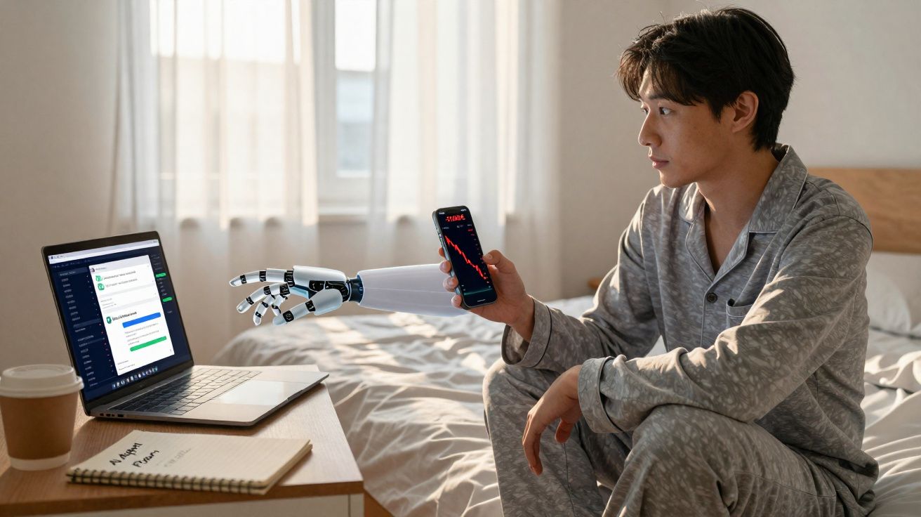 Homem de pijama sentado na cama com braço robótico segurando celular e notebook em mesa ao lado.