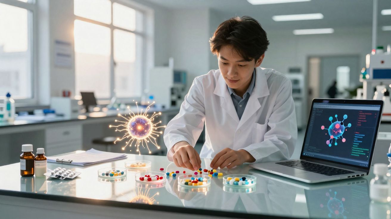 Cientista jovem em jaleco manipulando pílulas em laboratório com imagens digitais de vírus e laptop ao fundo.