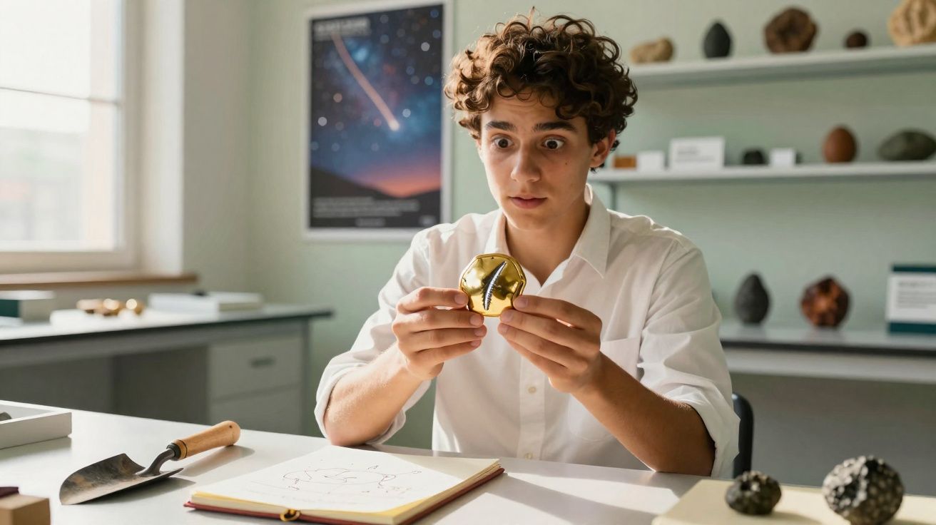 Jovem curioso segurando um objeto dourado com formato geométrico em uma sala bem iluminada.