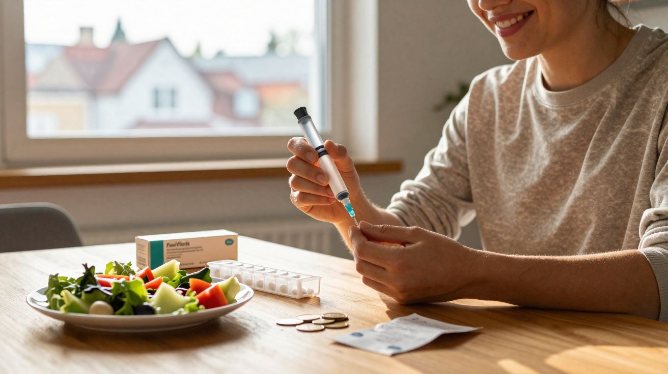 Pessoa preparada para aplicar insulina, com prato de salada e medicação sobre a mesa ao lado.