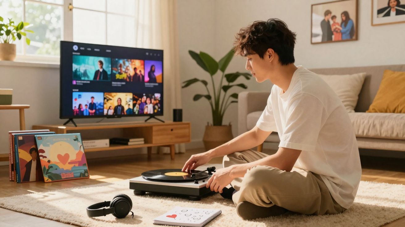 Jovem sentado no tapete de sala ajustando toca-discos com TV e fones ao redor em ambiente iluminado.