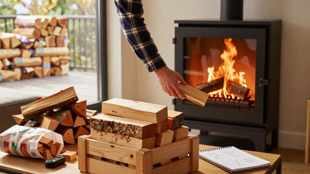 Pessoa colocando lenha em uma lareira acesa em ambiente interno aconchegante.