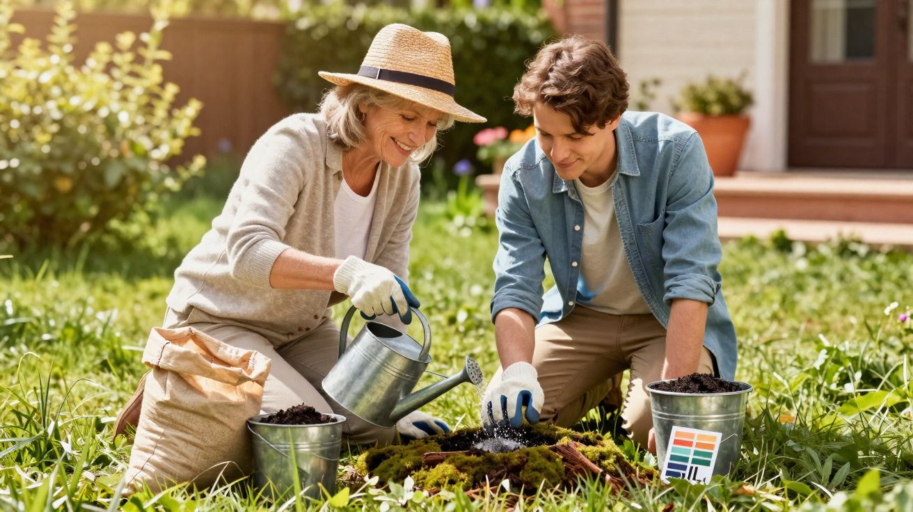 Mulher e homem jovens cuidando do jardim, regando plantas e preparando a terra em dia ensolarado.