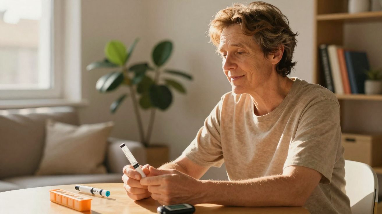 Homem sentado à mesa em casa medindo glicose com aparelho de monitoramento.