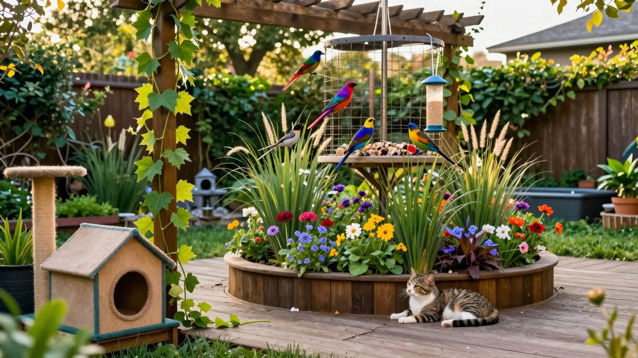 Jardim com pássaros coloridos alimentando-se e gato deitado próximo a canteiro florido sob pergolado.
