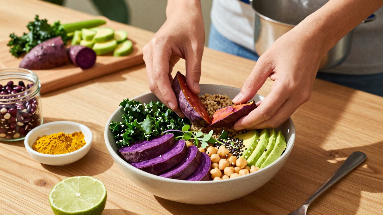 Pessoa montando bowl vegano com batata doce roxa, grão-de-bico, abacate, couve e quinoa sobre mesa de madeira.