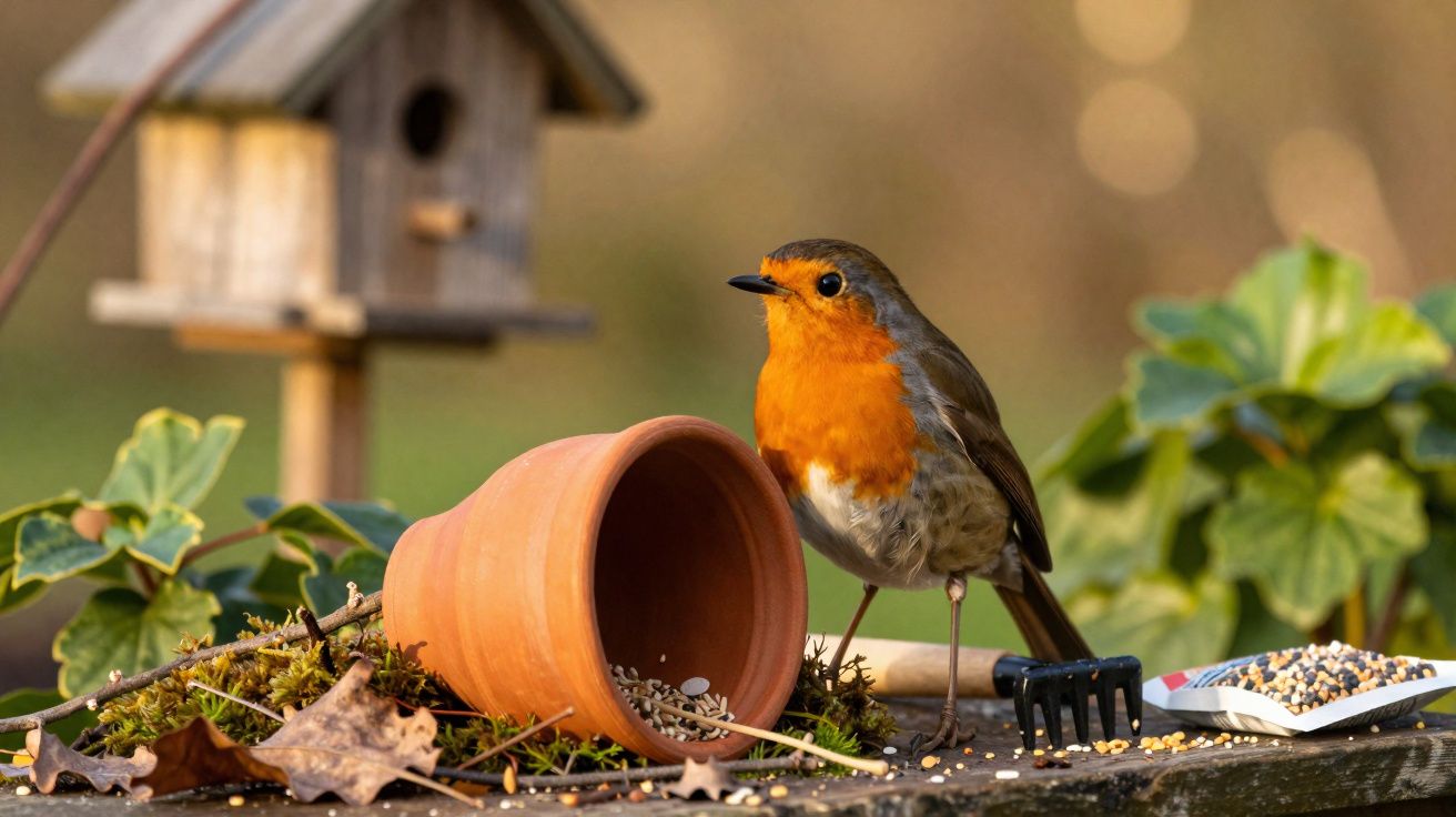 Pássaro com peito laranja em mesa de madeira perto de vaso de barro e ferramenta de jardim com sementes.