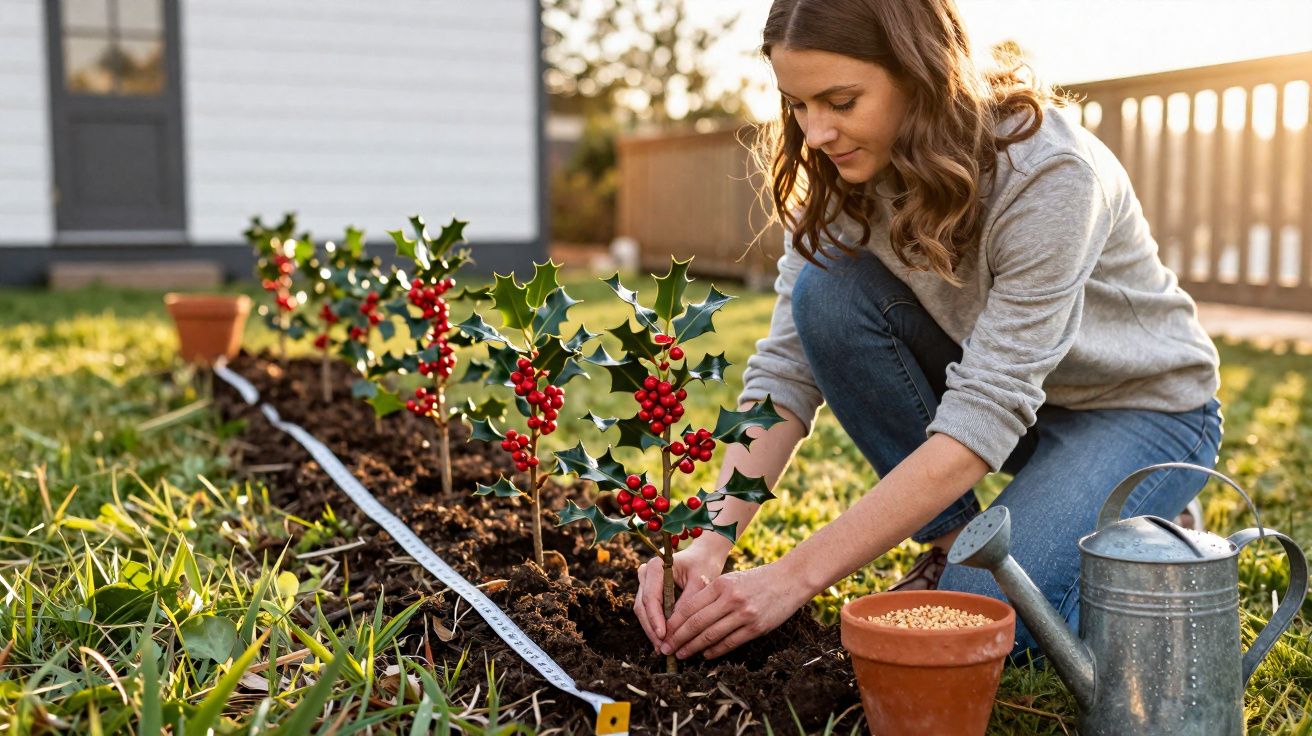 Mulher plantando arbustos com frutas vermelhas em canteiro ao ar livre no jardim.