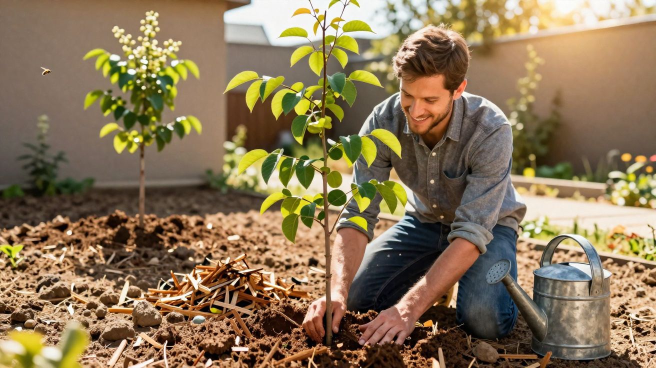 Homem jovem plantando árvore em jardim ensolarado, com regador ao lado e solo preparado.