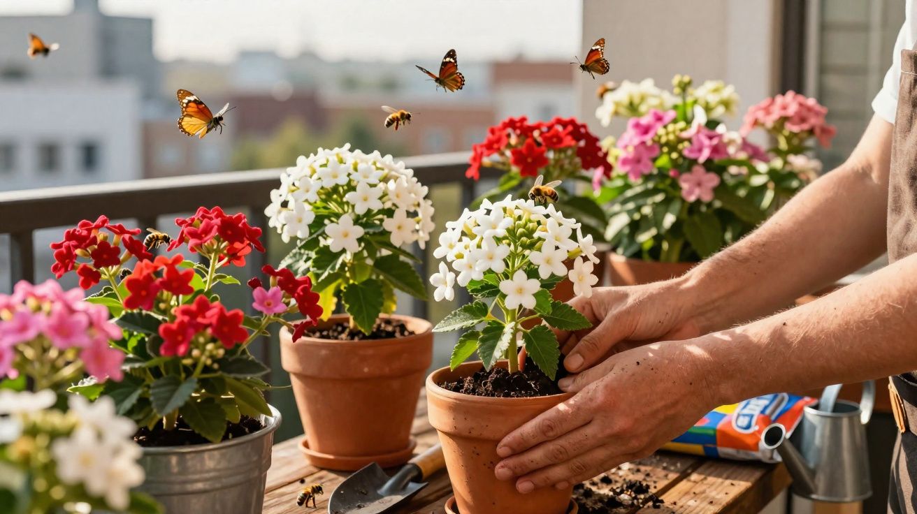 Mãos cuidando de flores brancas em vasos de barro, com outras flores coloridas e borboletas voando no jardim.