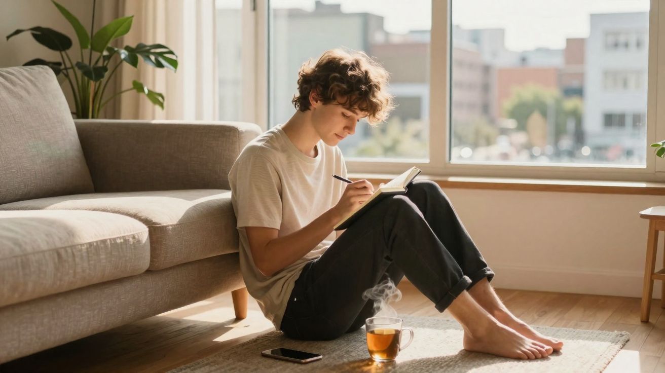Jovem sentado no chão, escrevendo em caderno perto do sofá, com xícara de chá e celular ao lado.