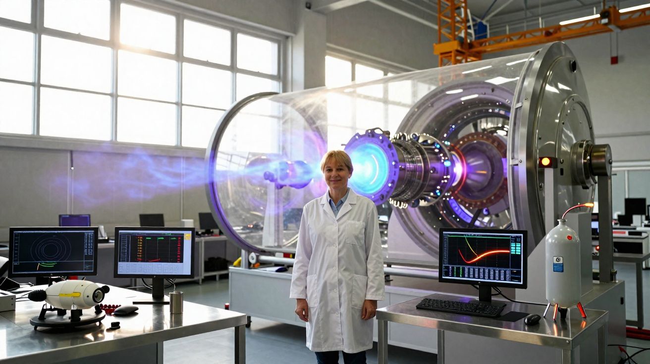 Mulher cientista em laboratório com equipamento tecnológico e monitores exibindo dados ao fundo.