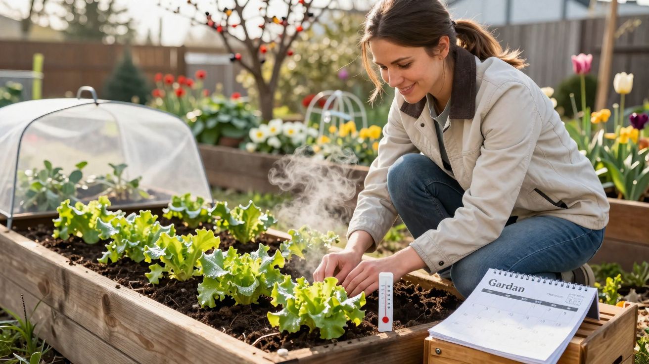 Mulher cuidando de alface em canteiro de madeira em jardim com flores coloridas ao fundo.