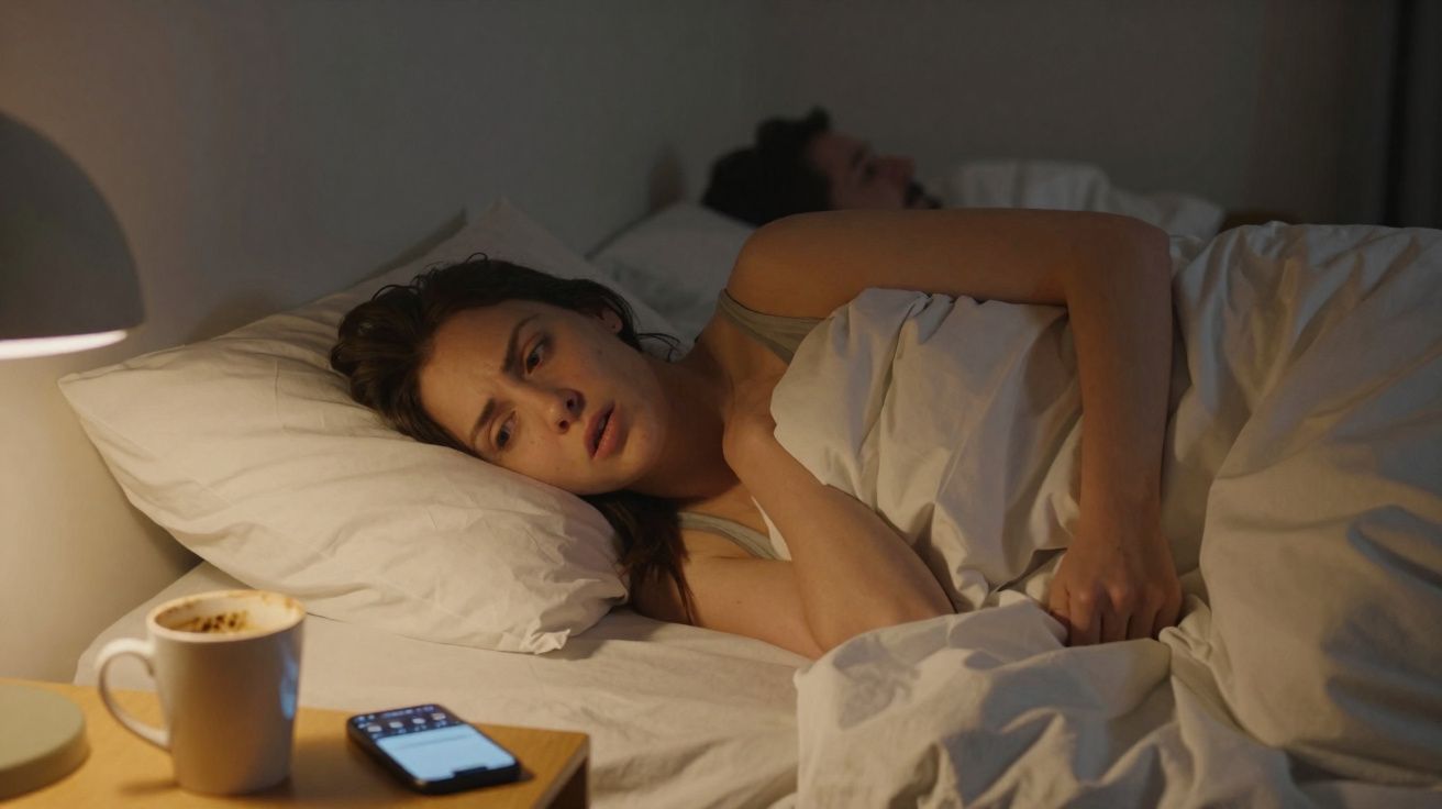 Mulher deitada na cama olhando pensativa, ao lado um homem dormindo e uma mesa com café e celular.