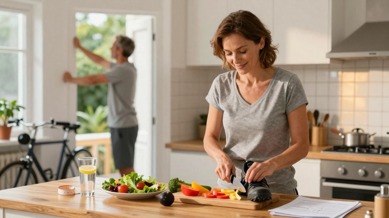 Mulher fatiando legumes na cozinha enquanto homem abre janela ao fundo, com bicicleta ao lado.